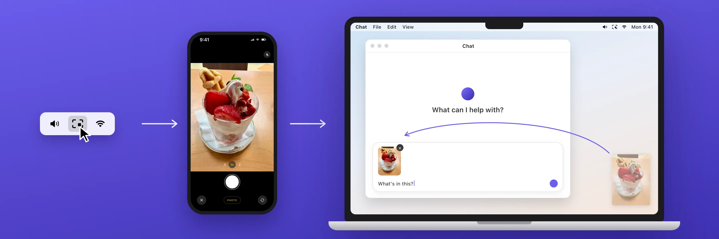 メニューバーの SnapCap のアイコンを押し、iPhone で写真を撮り、Mac の画面の隅から AI のチャットへドラッグする流れ。
